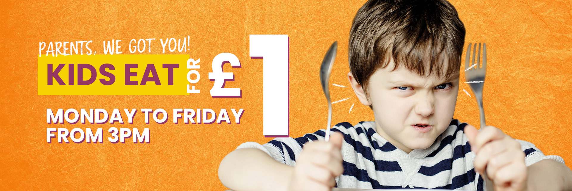 Image promoting “Kids Eat for £1” offer at Sizzling Pubs